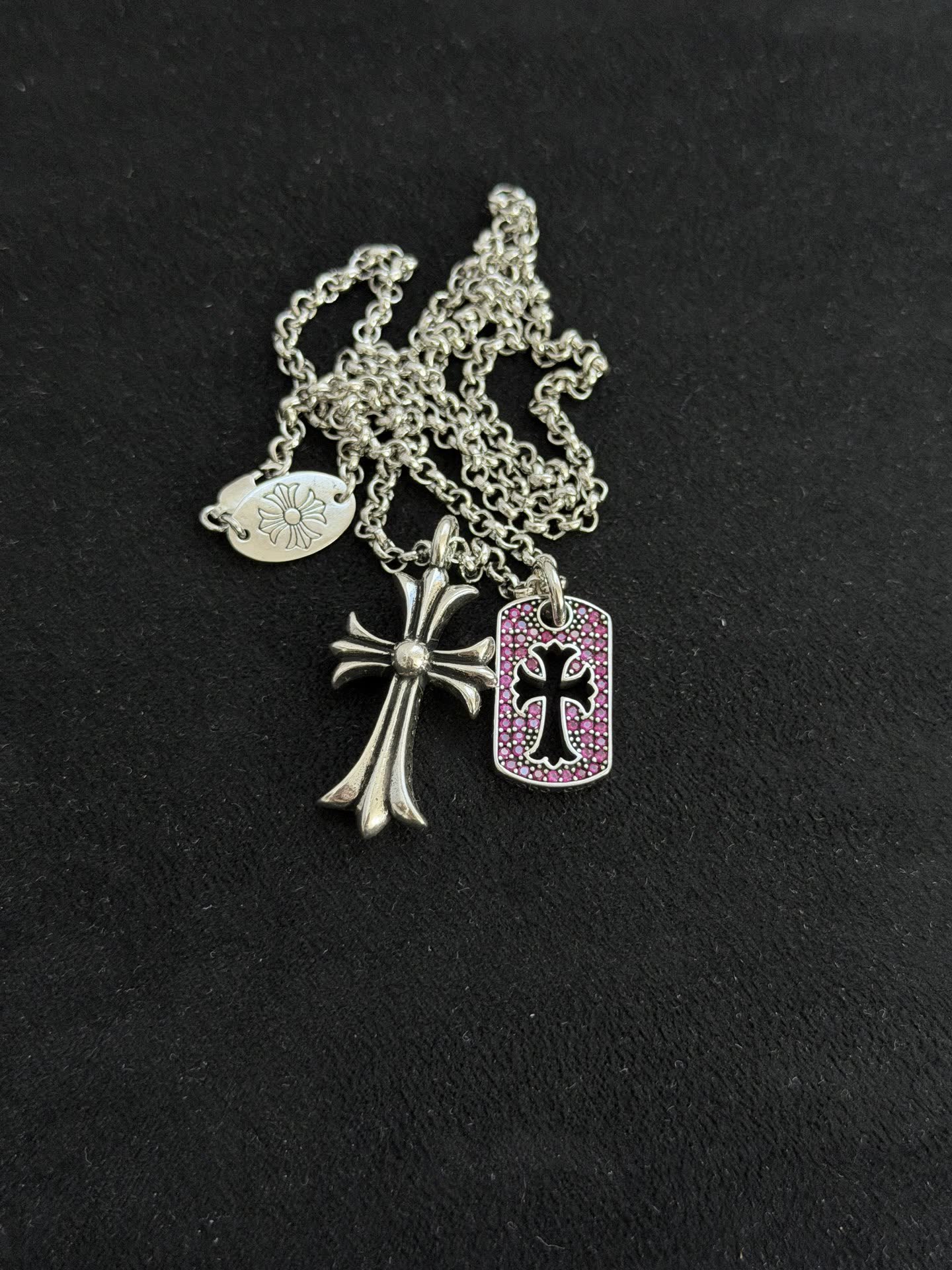 Chrome Hearts Silver Cross Pendant with Pink Enamel Tag